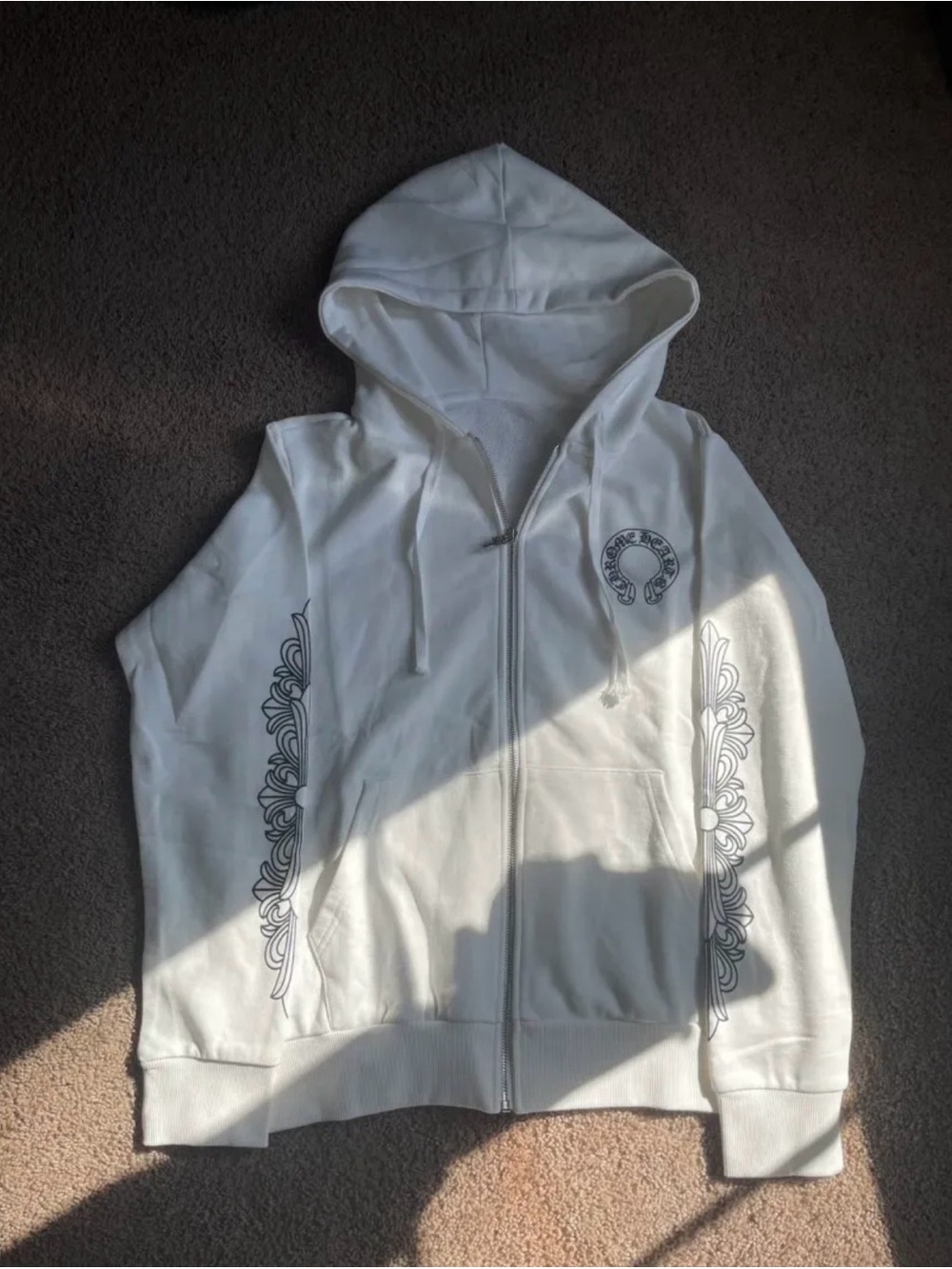 White Zip-Up chrome hearts Hoodie Jacket with Decorative Sleeve Print